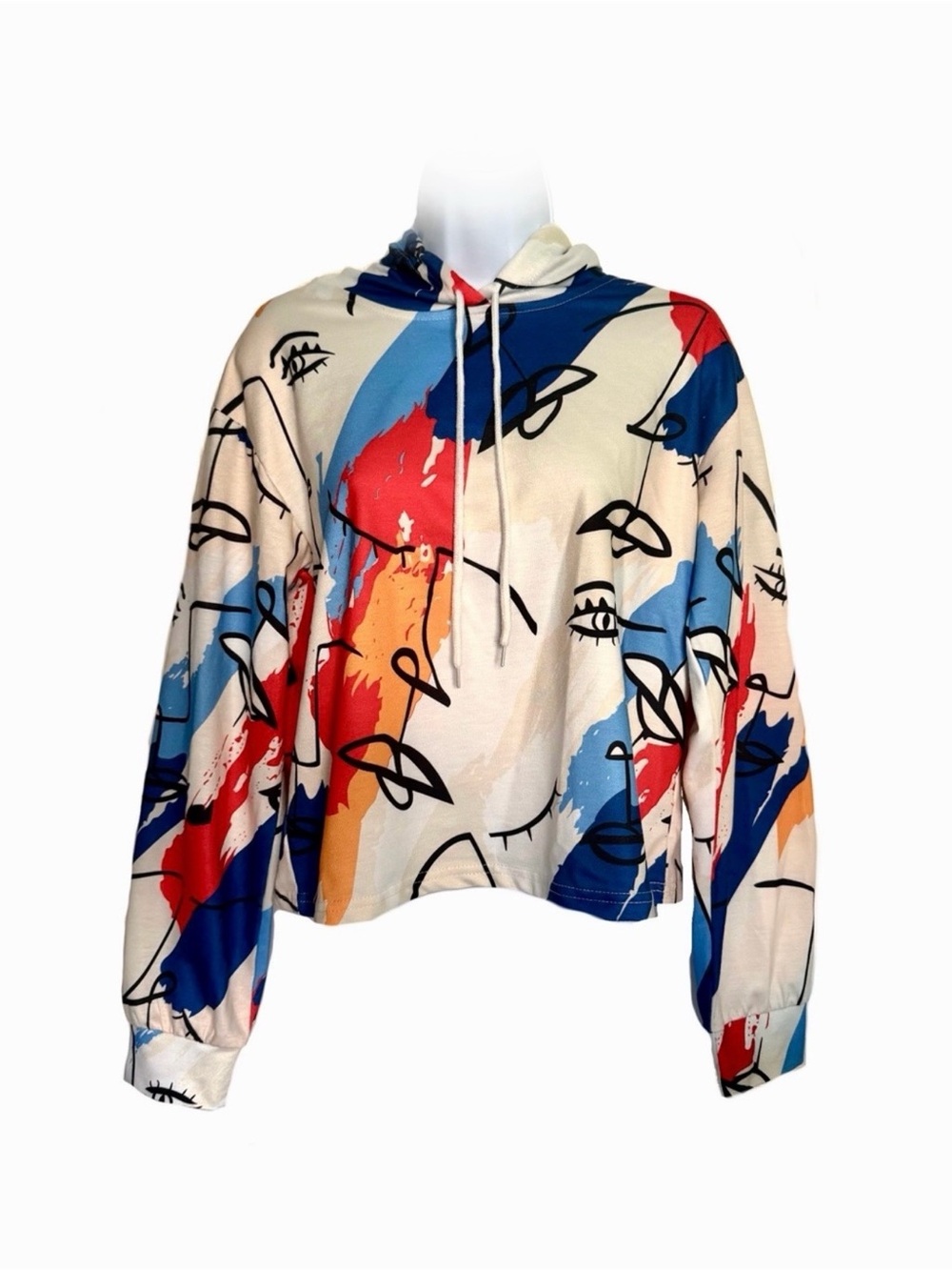 Abstract Artsy Multicolor Hoodie - Paintbrush Drawing Faces - Women’s Size Small